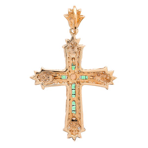 Yellow Gold Beautiful Cross setting with white and Green Cubic Zirconia, 14k