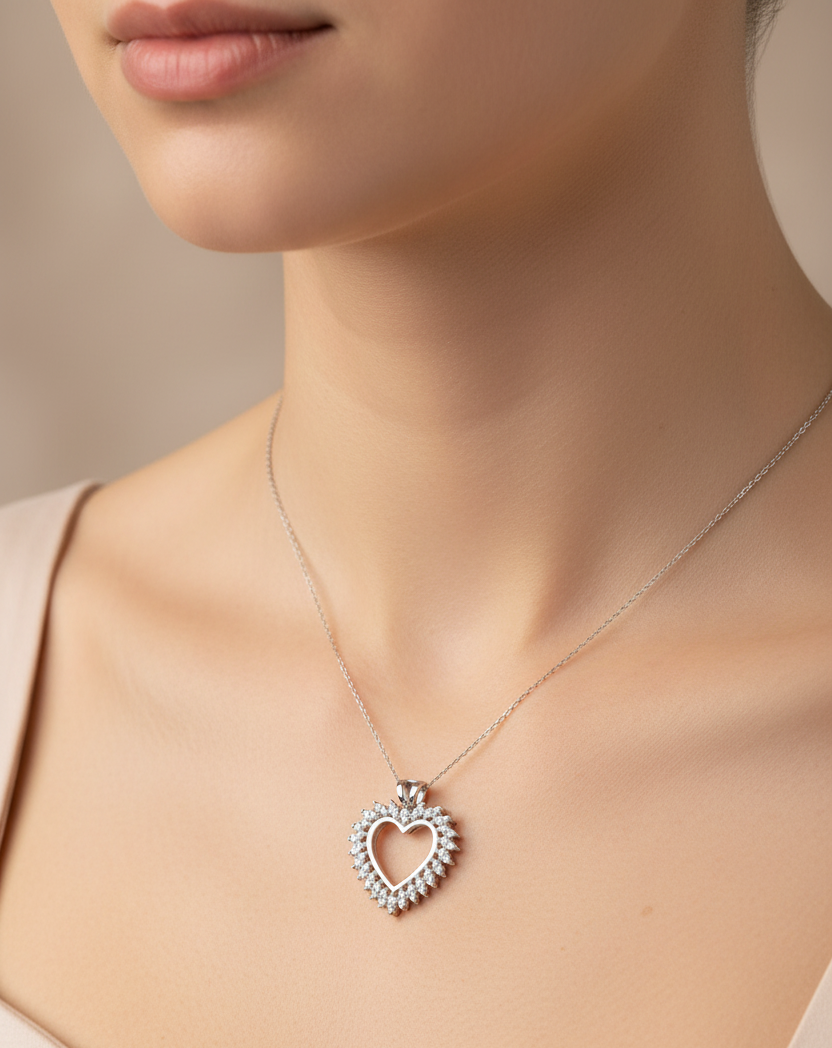 White Gold Double Row Diamond Pendant, Heart setting with 48 Round Natural Diamonds. 10k , TDW: 0.33ct