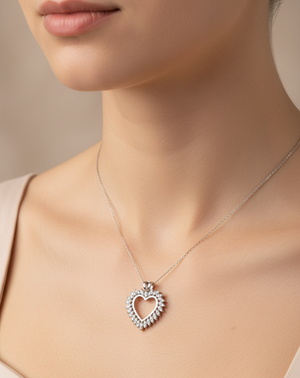 White Gold Double Row Diamond Pendant, Heart setting with 48 Round Natural Diamonds. 10k , TDW: 0.33ct