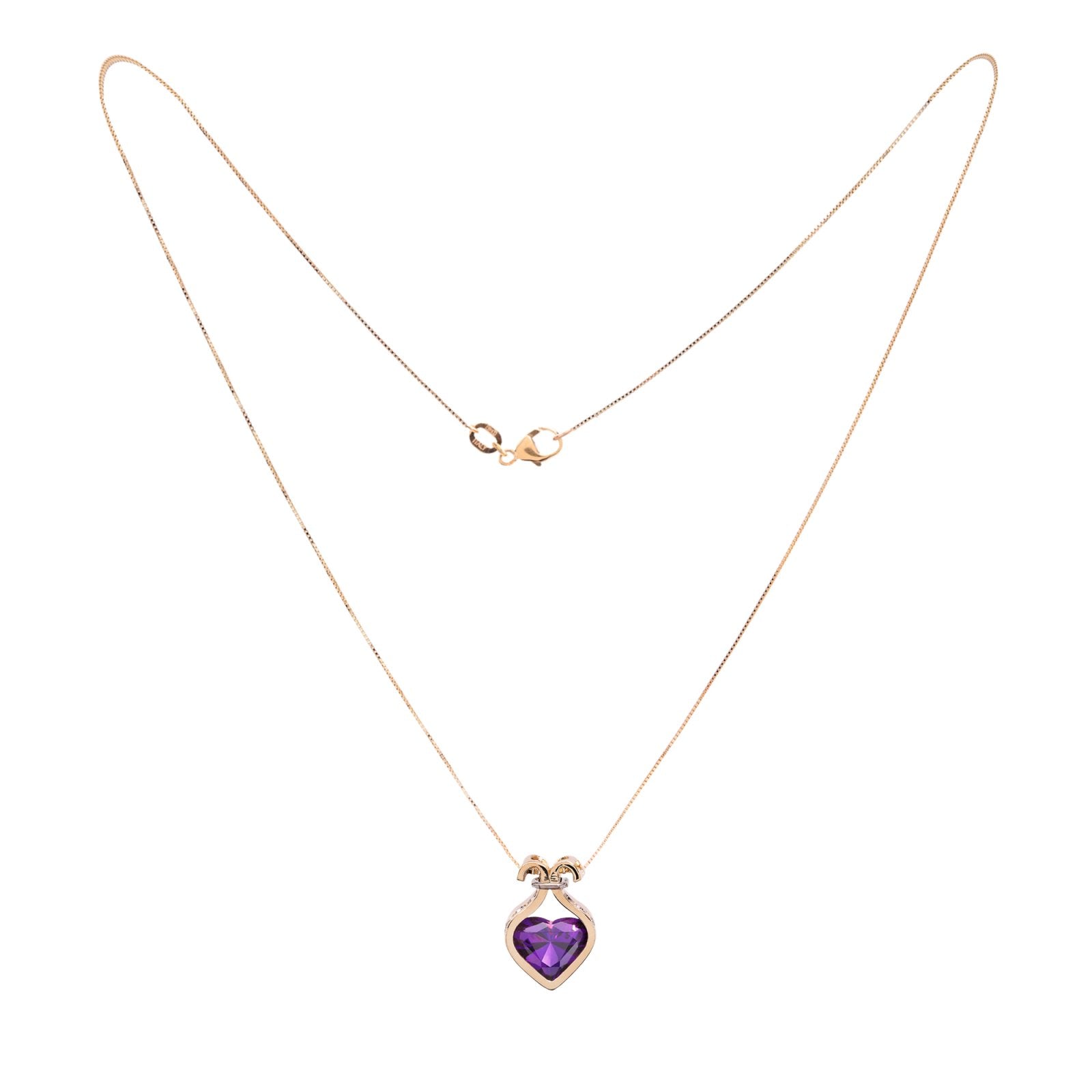 Yellow Gold Italian Necklace setting with one Heart cut Amethyst and Diamonds, 18k,