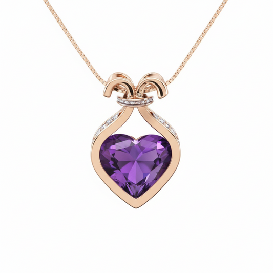 Yellow Gold Italian Necklace setting with one Heart cut Amethyst and Diamonds, 18k,5.5 gr, TDW: 0.14ct