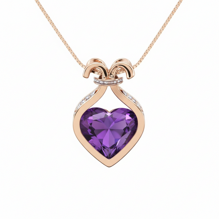 18K Yellow Gold Italian Necklace setting with one Heart cut Amethyst and Diamonds 5.5 gr TDW: 0.14ct