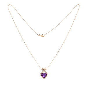 Yellow Gold Italian Necklace setting with one Heart cut Amethyst and Diamonds, 18k,