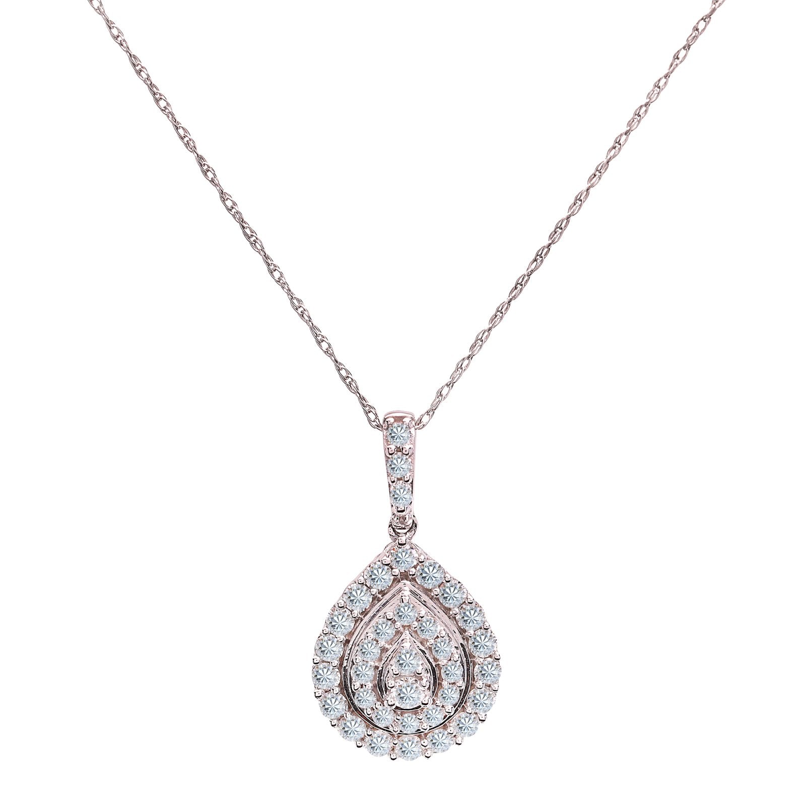 White Gold Pear Shape Double Halo Diamond Necklace 18". 0.5ct. SI GH, 14k