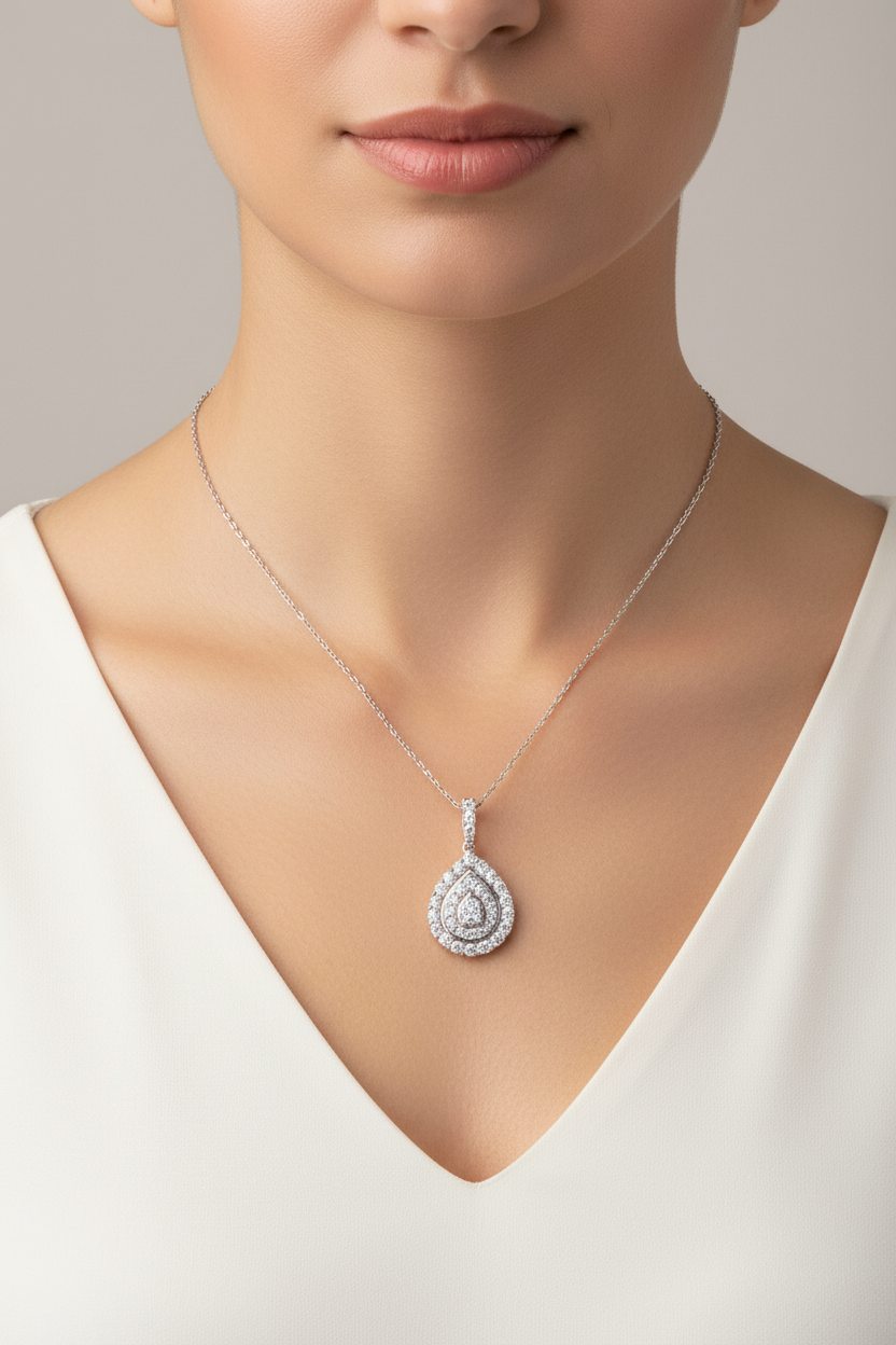 White Gold Pear Shape Double Halo Diamond Necklace 14k with 18" Chain, 0.5ct. SI GH