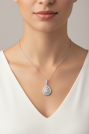 White Gold Pear Shape Double Halo Diamond Necklace 14k with 18