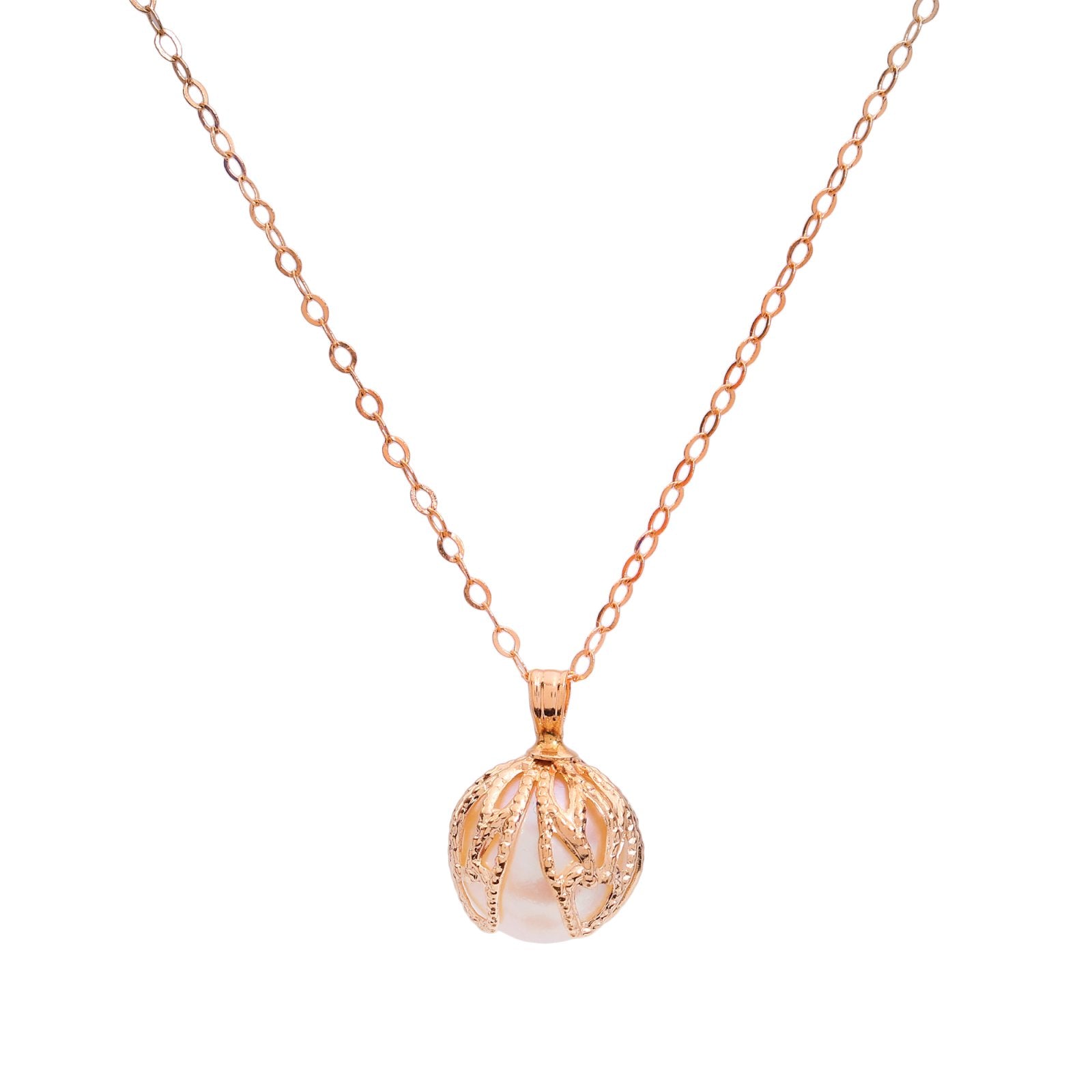 Yellow Gold Necklace with Filigree leaf-pattern caged pearl pendant, 14k, 16 inches, 2.4 gr