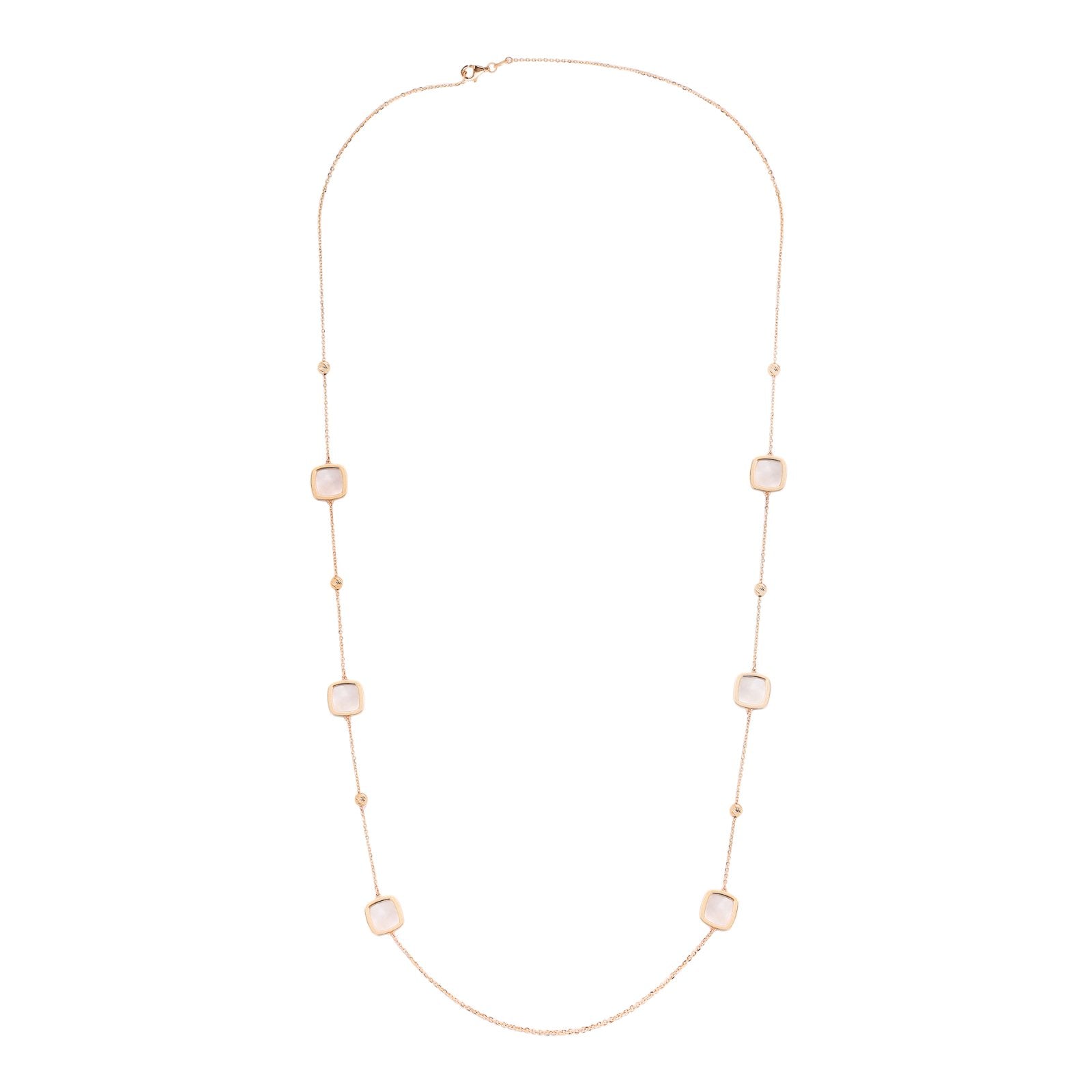 Gold Station Necklace with beads and bezel set square mother of pearl accents, 14k, 9.12gr, 28 inches