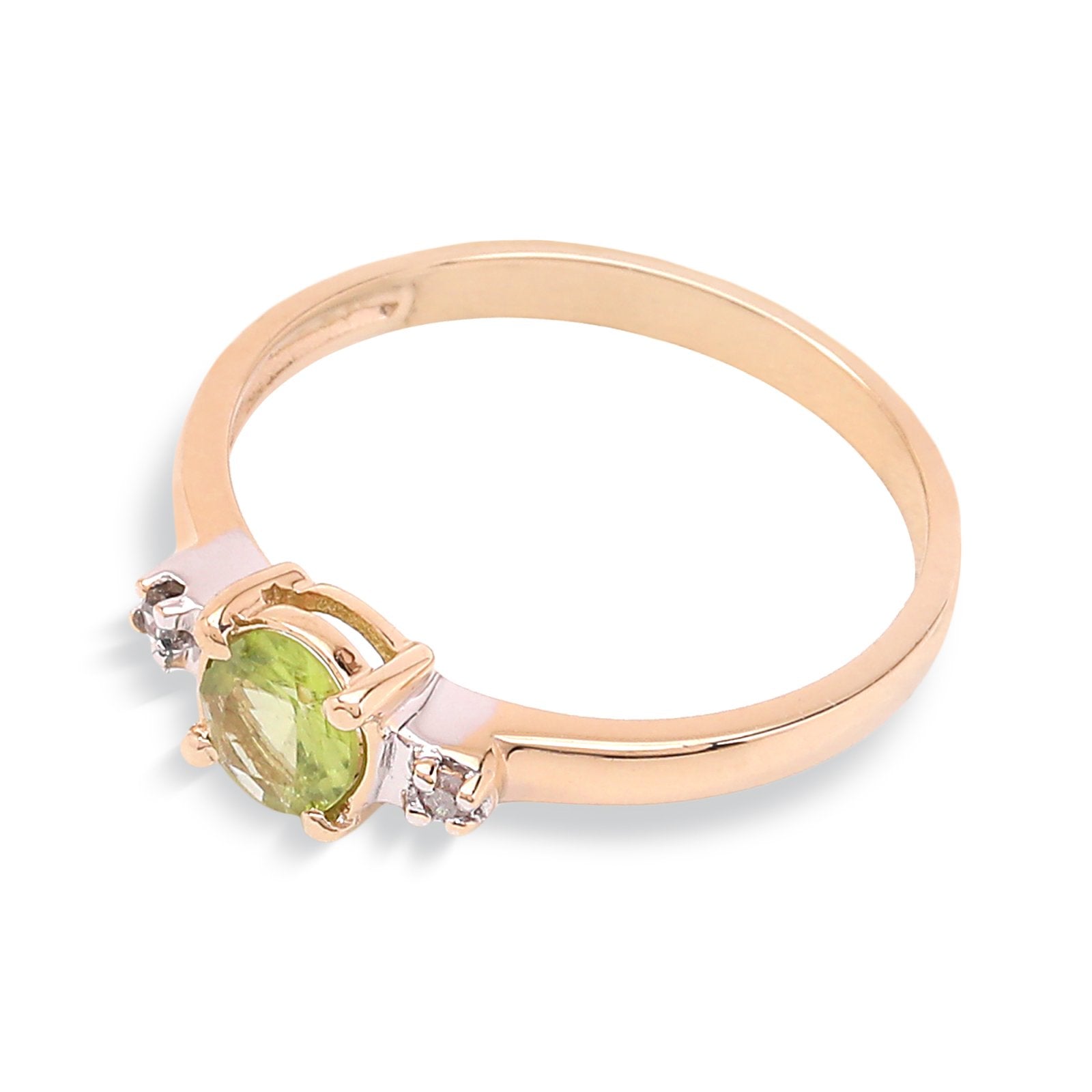Yellow Gold Round Shape Peridot Ring with One Diamonds on Each Side,  10k, Peridot, 0.32ct, TDW: 0.02ct