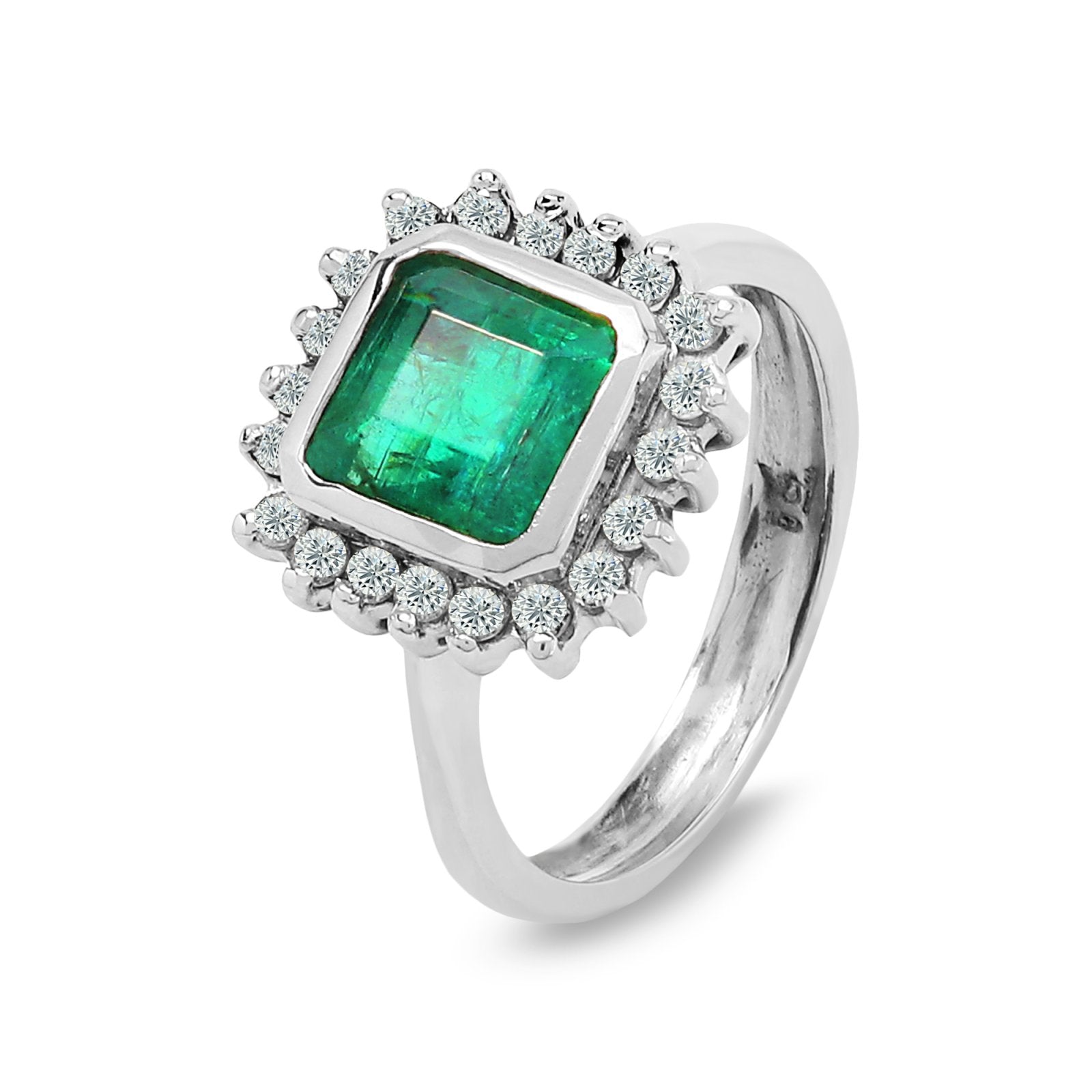 White Gold  Emerald and Diamond Halo Ring,18k, E: 1.7, TDW: 0.2
