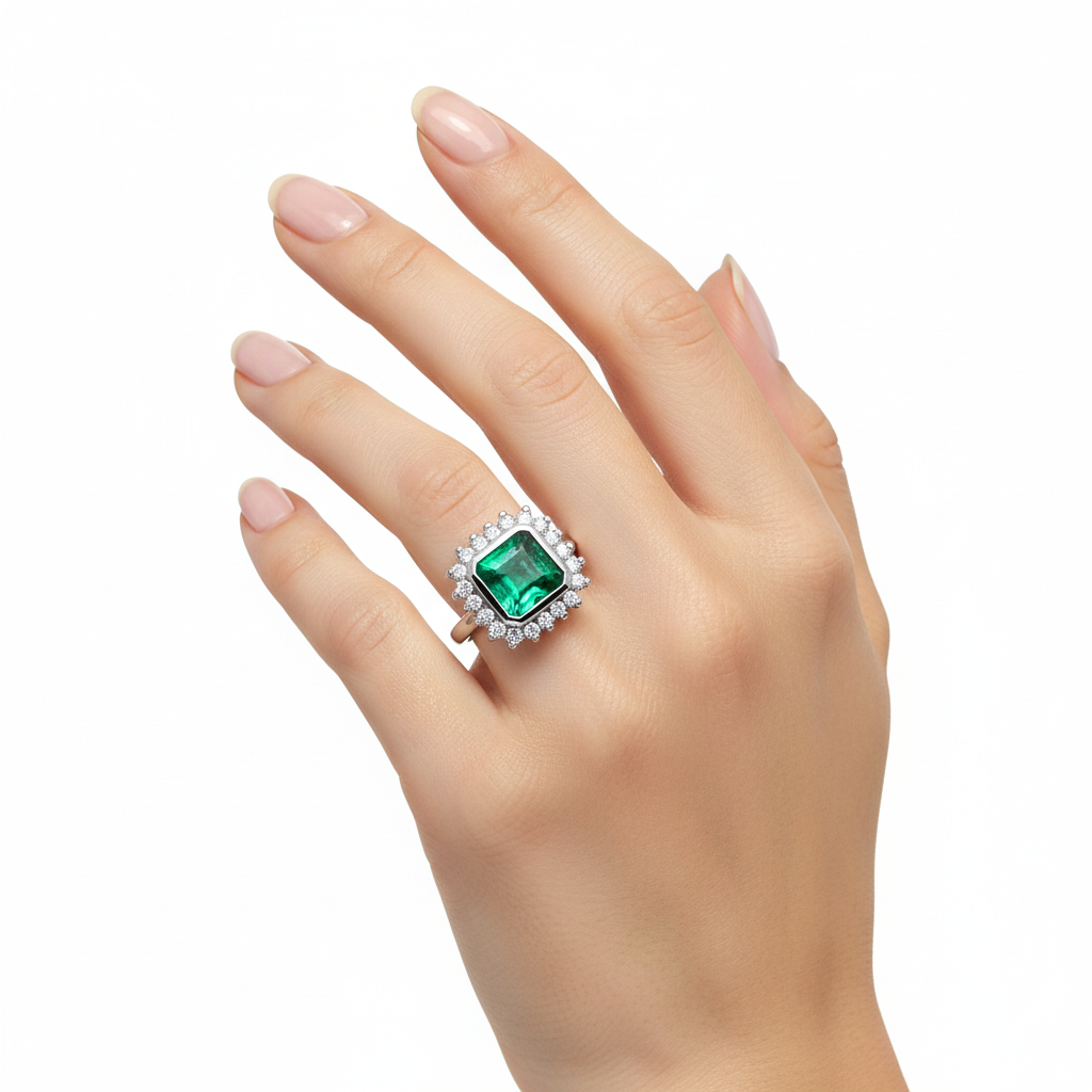 18K Vintage White Gold Emerald and Diamond Halo Ring E: 1.7 TDW: 0.2