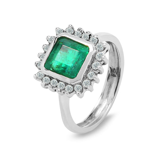 White Gold  Emerald and Diamond Halo Ring,18k, E: 1.7, TDW: 0.2