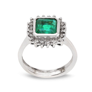 White Gold  Emerald and Diamond Halo Ring,18k, E: 1.7, TDW: 0.2