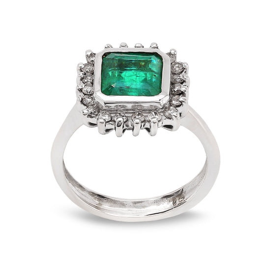 White Gold  Emerald and Diamond Halo Ring,18k, E: 1.7, TDW: 0.2