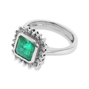 White Gold  Emerald and Diamond Halo Ring,18k, E: 1.7, TDW: 0.2