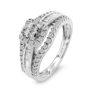 White Gold Quad Princess-Cut Diamond Engagement Ring with Halo and Baguette Accents Ring, 10k, TDW: 1ct