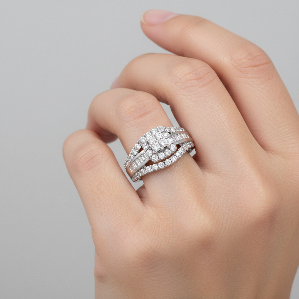 10K White Gold Princess Cluster Halo Engagement Ring
