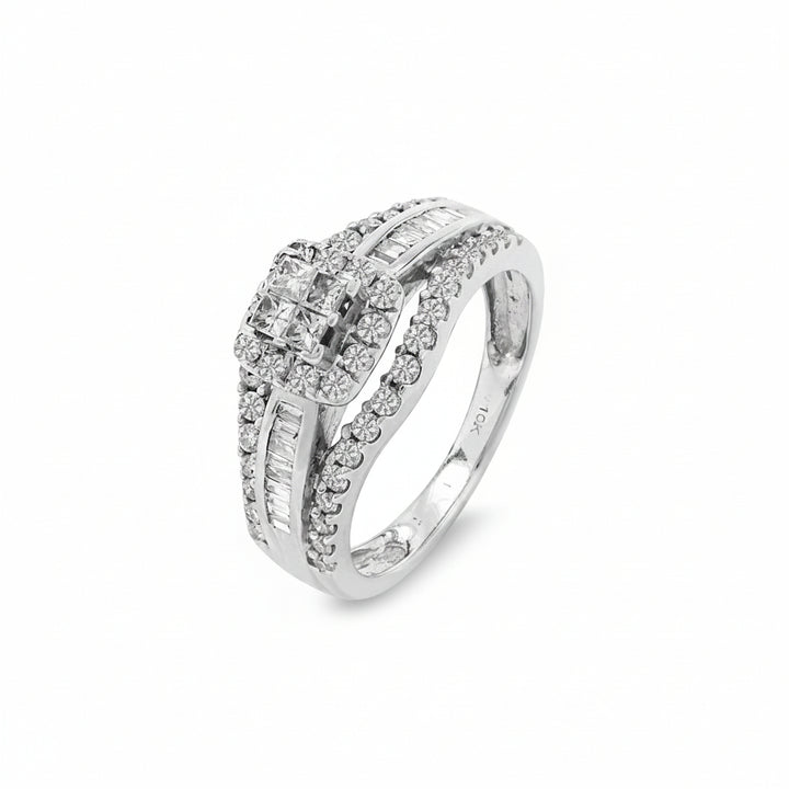 10K White Gold Princess Cluster Halo Engagement Ring