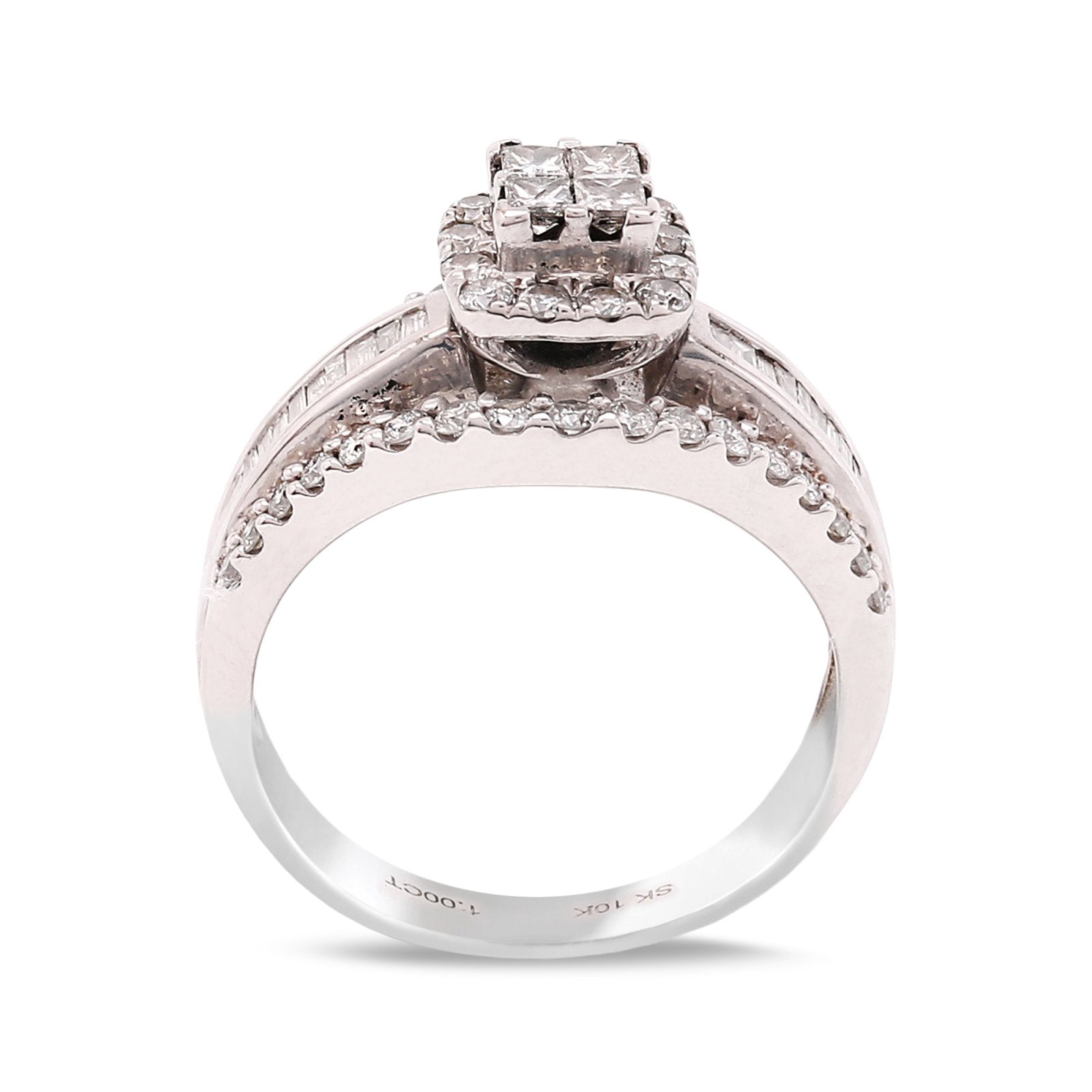 White Gold Quad Princess-Cut Diamond Engagement Ring with Halo and Baguette Accents Ring, 10k, TDW: 1ct