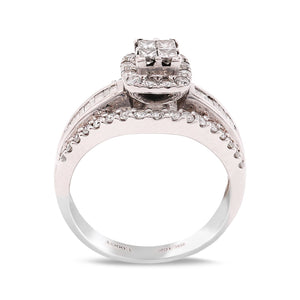 White Gold Quad Princess-Cut Diamond Engagement Ring with Halo and Baguette Accents Ring, 10k, TDW: 1ct