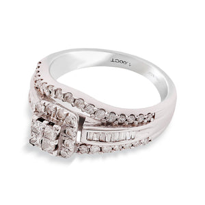 White Gold Quad Princess-Cut Diamond Engagement Ring with Halo and Baguette Accents Ring, 10k, TDW: 1ct