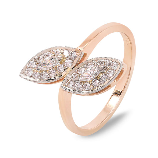 Yellow Gold Two-Leaf Diamond Open Band Ring 14k, Two Marquise Natural Diamonds, TDW: 0.44ct