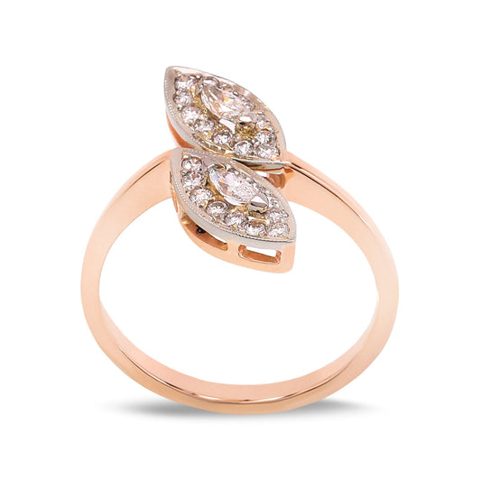 Yellow Gold Two-Leaf Diamond Open Band Ring 14k, Two Marquise Natural Diamonds, TDW: 0.44ct