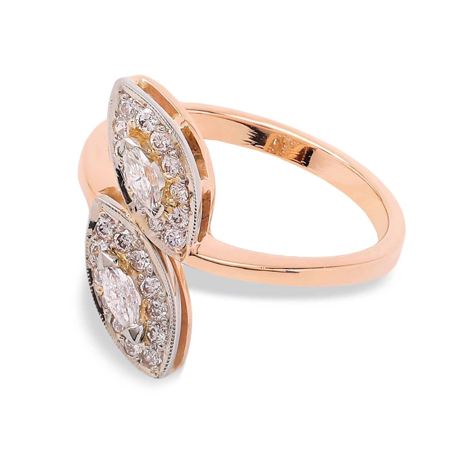 Yellow Gold Two-Leaf Diamond Open Band Ring 14k, Two Marquise Natural Diamonds, TDW: 0.44ct, Size: 7 3/4