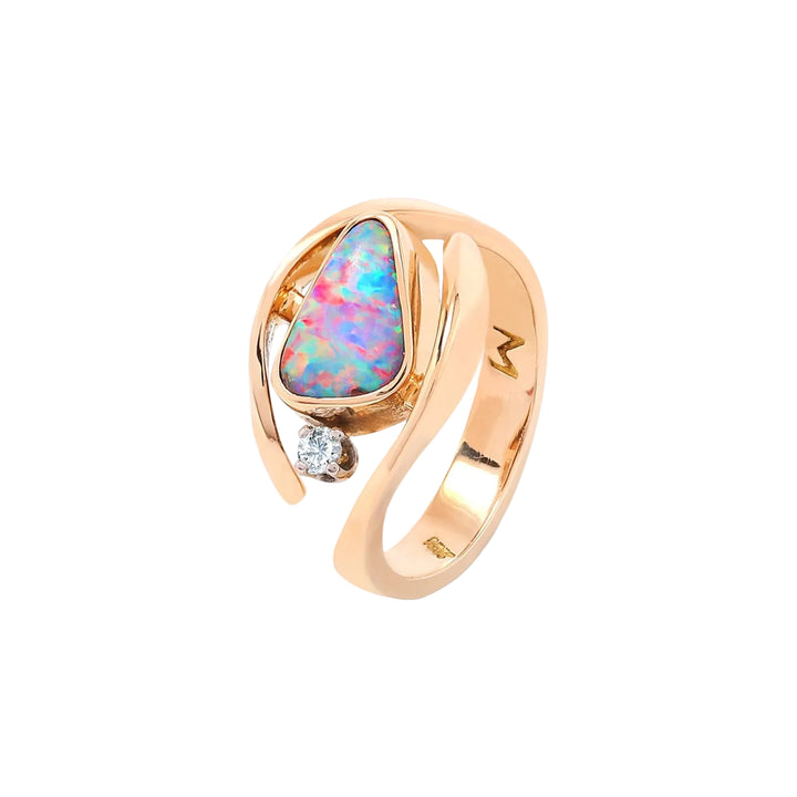 18K Yellow Gold Synthetic Triangular Shape Opal with Diamond Ring