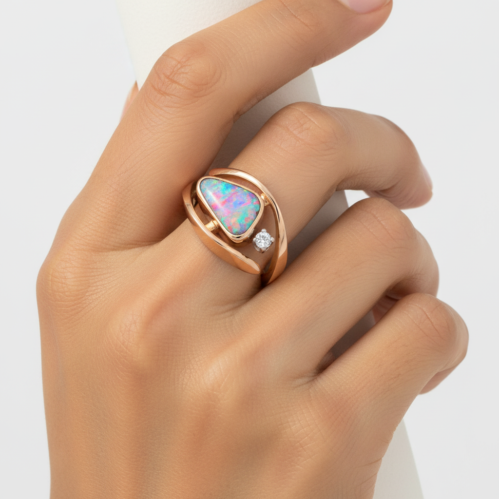 18K Yellow Gold Synthetic Triangular Shape Opal with Diamond Ring TDW: 0.05ct