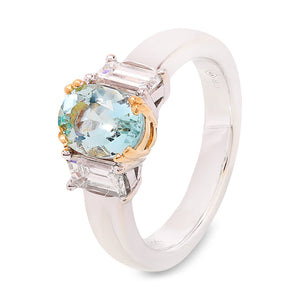 White Gold Oval Cut Aquamarine with 2 Baguette Diamond Ring, 18k,  TDW: 0.56ct