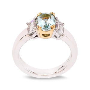 White Gold Oval Cut Aquamarine with 2 Baguette Diamond Ring, 18k,  TDW: 0.56ct