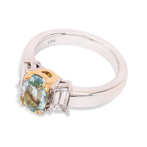 White Gold Oval Cut Aquamarine with 2 Baguette Diamond Ring, 18k,  TDW: 0.56ct