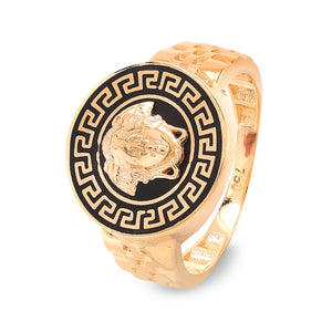 Black Enamel Medusa Design Yellow Gold Ring, 18k