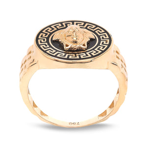 Black Enamel Medusa Design Yellow Gold Ring, 18k