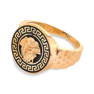 Black Enamel Medusa Design Yellow Gold Ring, 18k