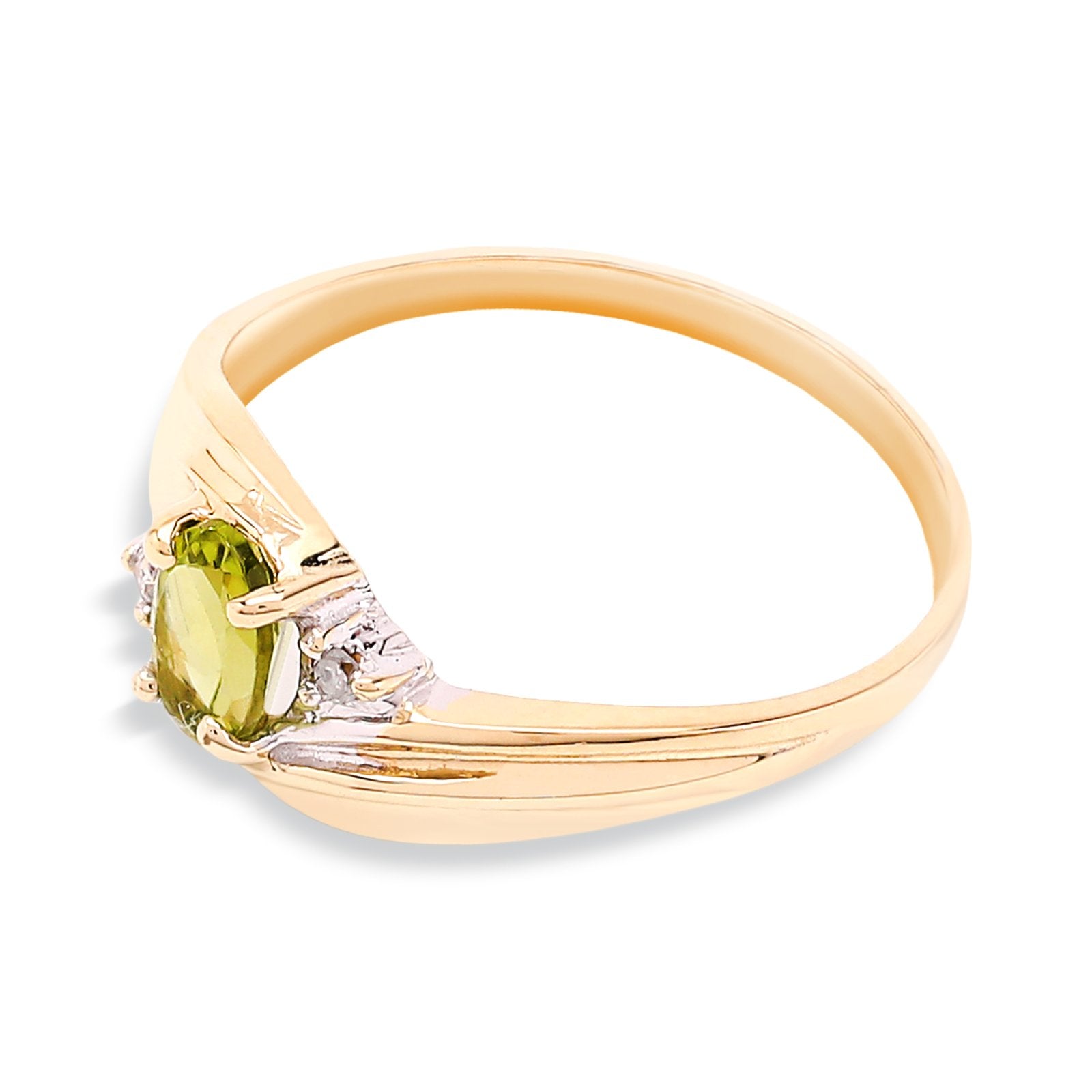 Yellow Gold Oval Shape Peridot Ring with One Diamonds on Each Side,  10k, TDW: 0.02c