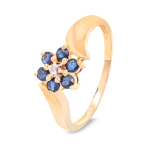 Yellow Gold Sapphire Flower Ring with Diamond Center, 10k S: 0.18ct TDW: 0.007