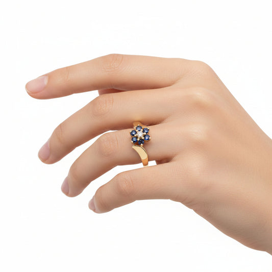 10K Yellow Gold Sapphire Flower with Diamond Center Ring