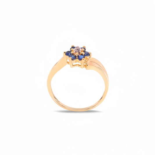 10K Yellow Gold Sapphire Flower with Diamond Center Ring