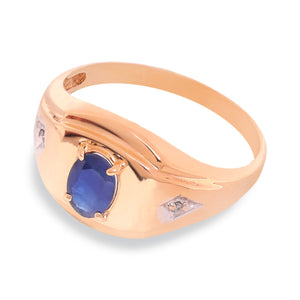 Yellow Gold Oval Shape Sapphire with Diamond Men's Ring, 10k, S: 0.67ct, TDW: 0.014ct