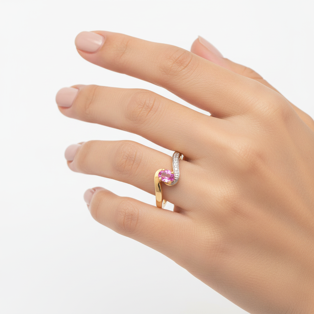 10K Yellow Gold Ring with Pink Topaz Center and Diamond Accents