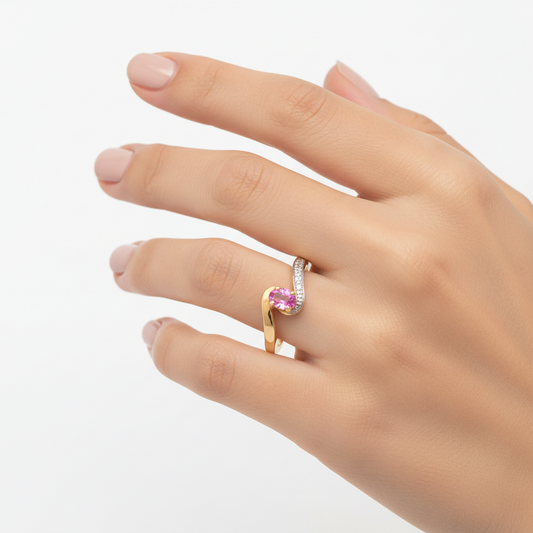 10K Yellow Gold with Pink Topaz Center and Diamond Accents Ring
