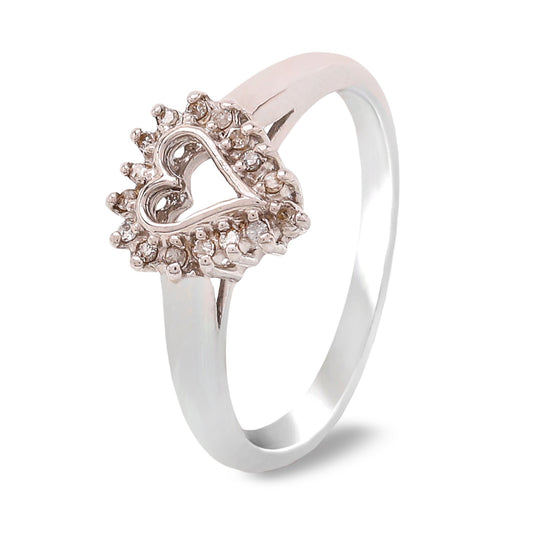 10K White Gold Hollowing Design Heart Shape Diamond Ring