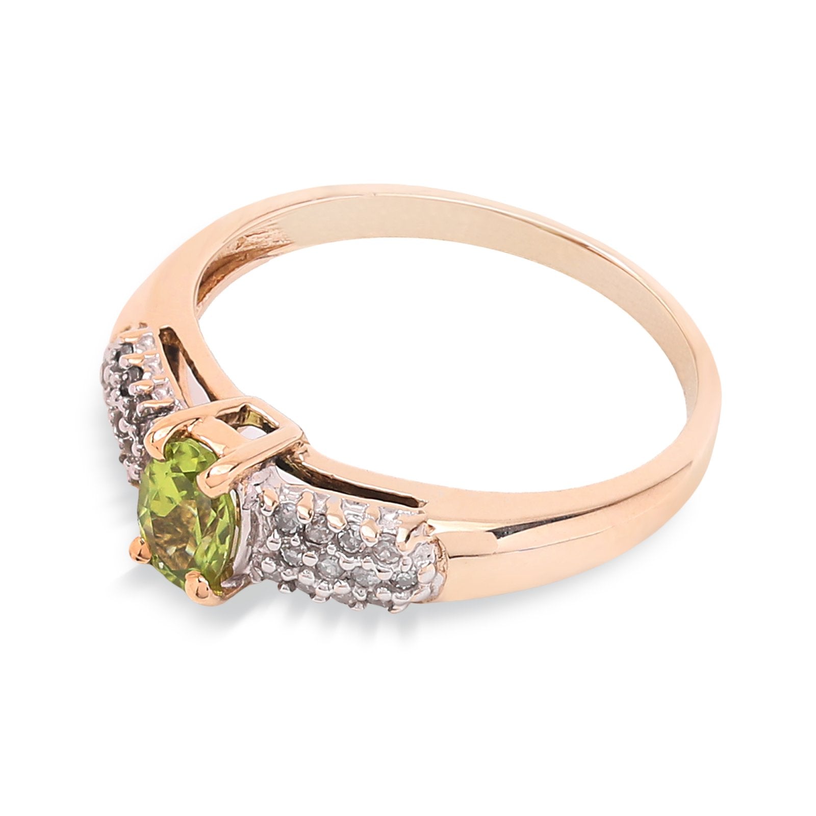 Yellow Gold Oval Shape Peridot Ring with 12 Diamonds on Each Side,  10k,  TDW: 0.16ct