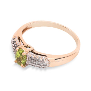 Yellow Gold Oval Shape Peridot Ring with 12 Diamonds on Each Side,  10k,  TDW: 0.16ct