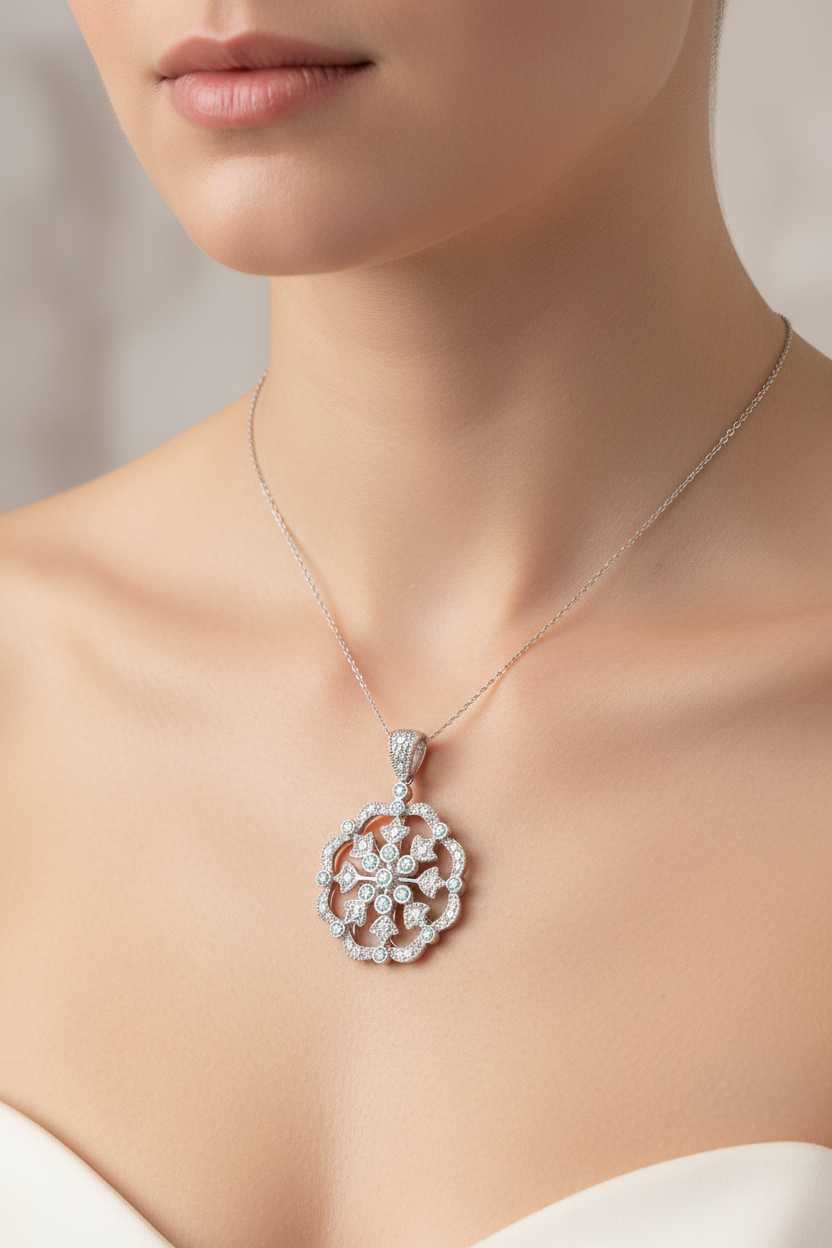 White Gold Filigri Deco Design Flower Shape Diamond Pendant 18k TDW: 0.61ct SI GH
