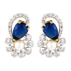 Yellow Gold Flower Design Earring with Diamonds Sapphire and PearlsTDW:0.50ct14k3.65gr