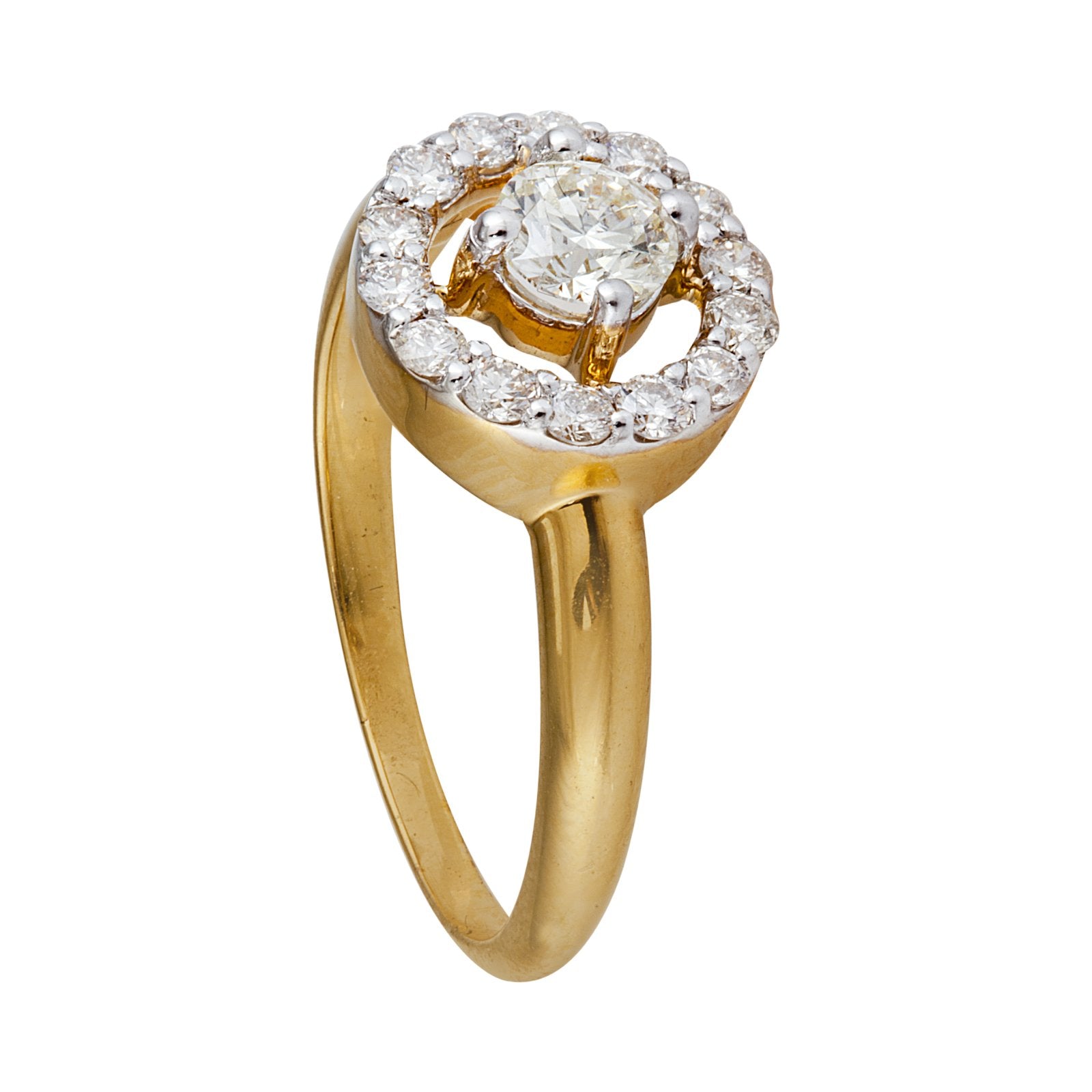 Yellow Gold Diamond Ring  setting with 14 Natural Round Diamonds in one circle and 0.3ct Single Diamonds in center TDW: 0.63ct VS HI 18k