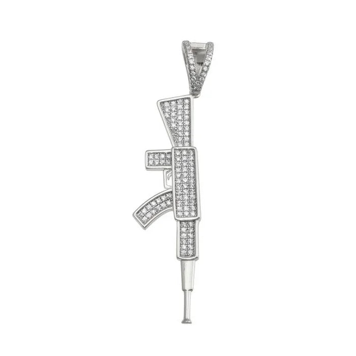 Rhodium Plated 925 Sterling Silver CZ Gun Hip Hop Pendant
